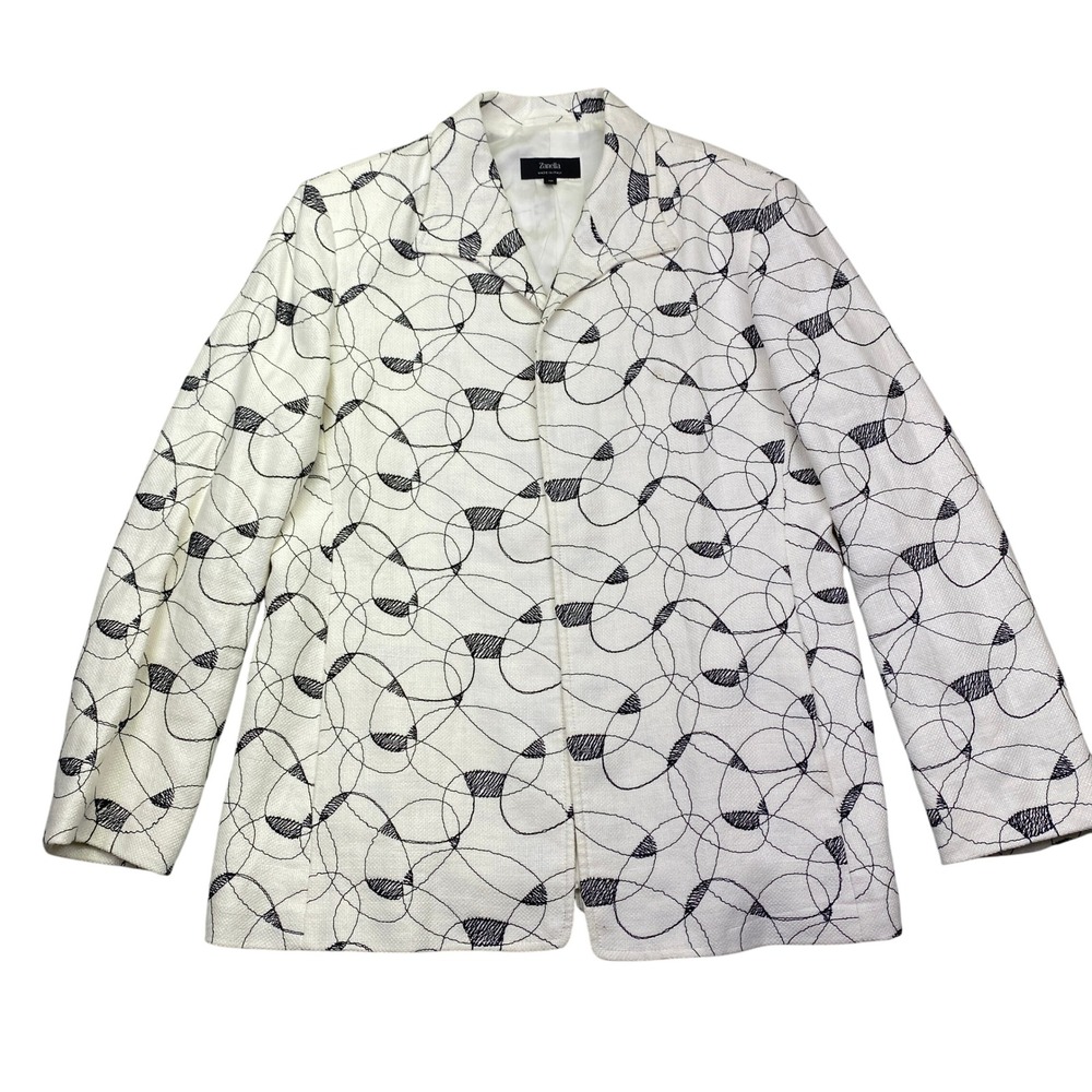 Zanella Allison Blazer Linen Womens Size 10 White Black Geometric Print Italy‎
